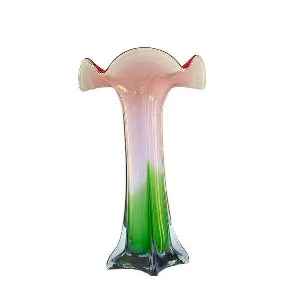 Murano Style Art Glass Vase Red White GreenHand Blown Ruffled Mid Century